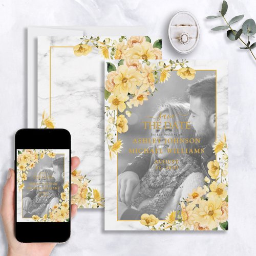 Yellow  Gray Floral Vellum Overlay Save the Date