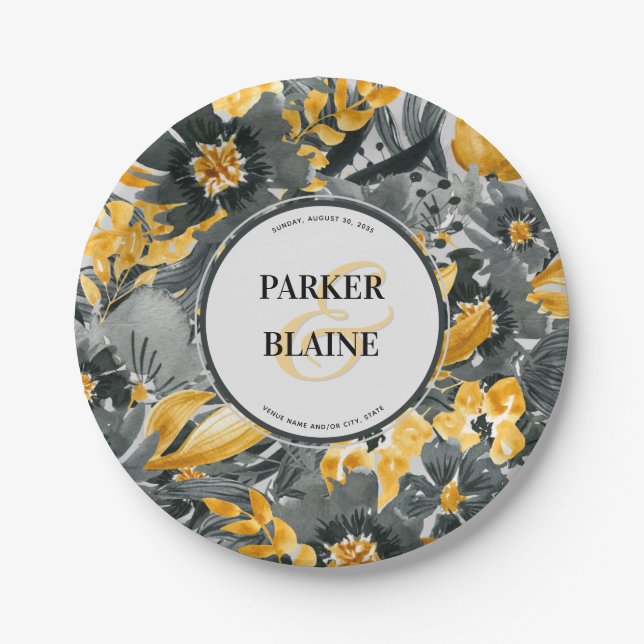 Yellow + Gray Floral Watercolor Monogram Wedding Paper Plates (Front)