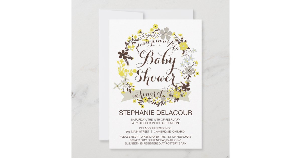 Yellow & Gray Floral Wreath Baby Shower Invitation