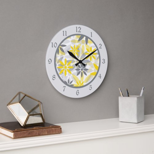 Yellow Gray Flower Graphic Large Clock