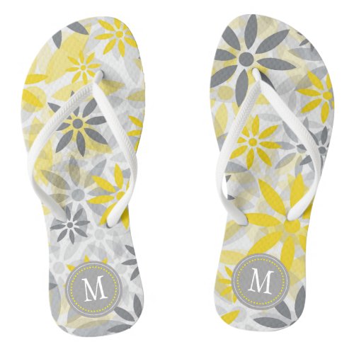 Yellow Gray  Flower Graphic Monogram Flip Flops