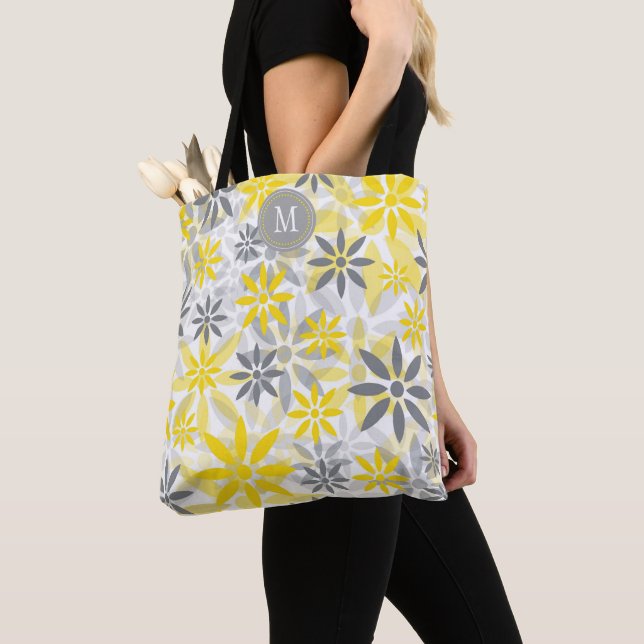 Yellow Gray Flower Graphic Monogram Tote Bag (Close Up)