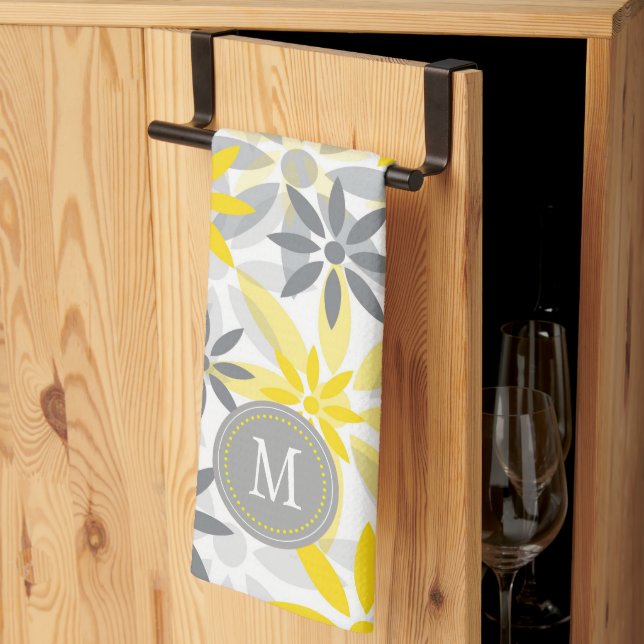 Yellow Gray Flower Graphic Monogram Towel (Thirds Fold)