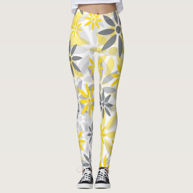 Yellow Gray  Flower Graphic Pattern Leggings (Front)