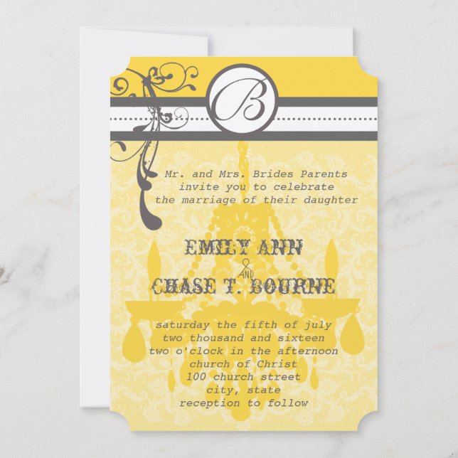 Yellow & Gray Funky Chandelier Save the Date (Back)