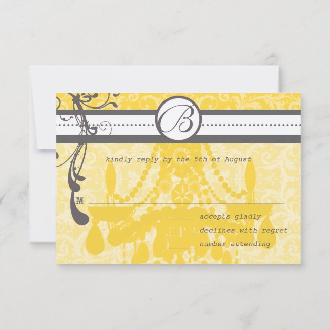 Yellow & Gray Funky Swirls Wedding RSVP Card (Back)