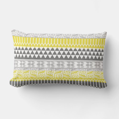 Yellow Gray Geometric Aztec Tribal Print Pattern Lumbar Pillow