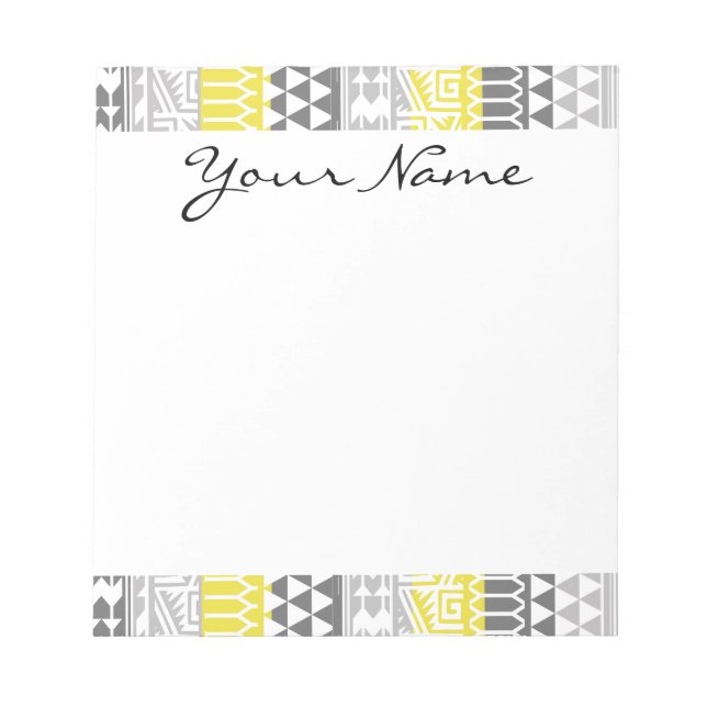 Yellow Gray Geometric Aztec Tribal Print Pattern Notepad (Front)