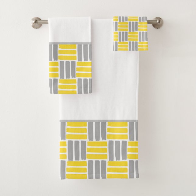 Yellow Gray Geometric Brushstrokes Pattern Bath Towel Set (Insitu)