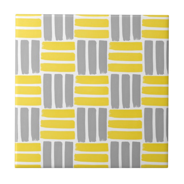 Yellow Gray Geometric Brushstrokes Pattern Ceramic Tile (Front)
