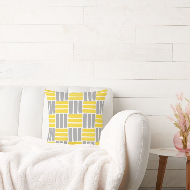 Yellow Gray Geometric Brushstrokes Pattern Throw Pillow (Couch)