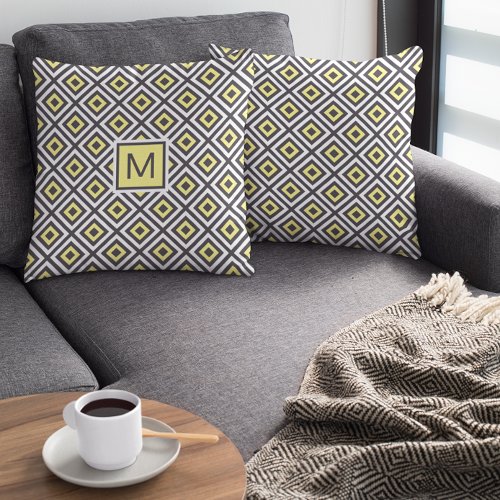 Yellow Gray Geometric Pattern Monogram Throw Pillow