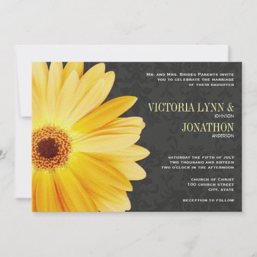 Yellow Gray Gerber Daisy Vintage Damask Wedding Invitation