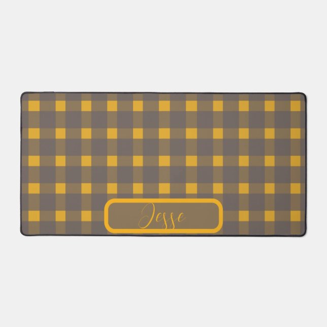 Yellow Gray Gingham Pattern Desk Mat (Front)