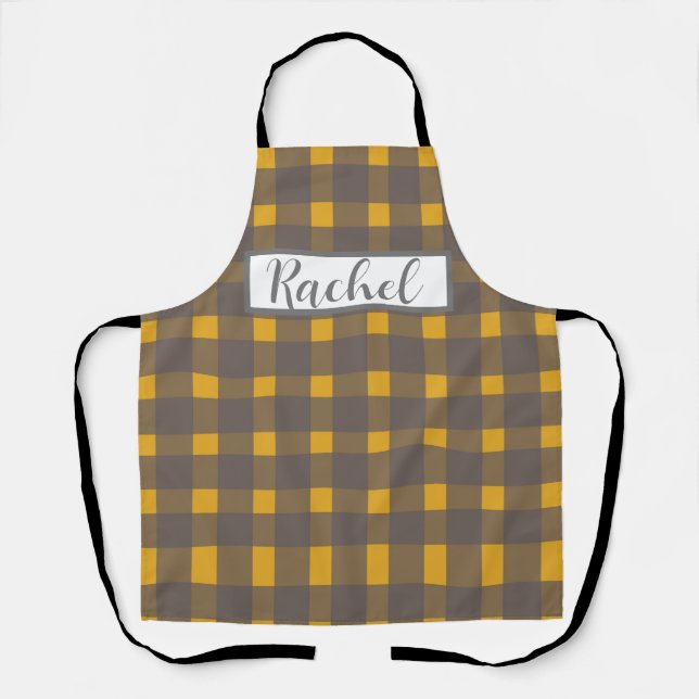Yellow  Gray Gingham Personalized  Apron (Front)