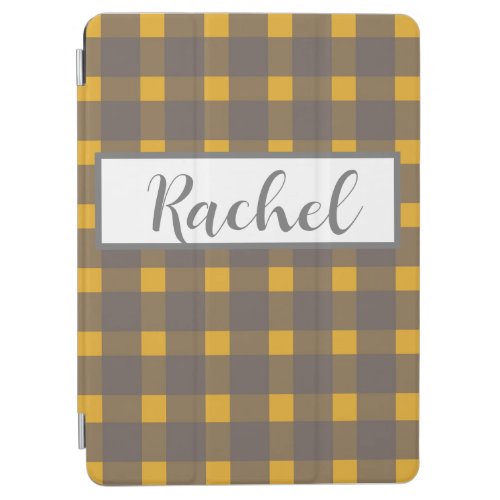 Yellow  Gray Gingham Personalized iPad Air Cover