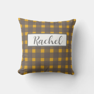 Yellow Gray Gingham Personalized Throw Pillow
