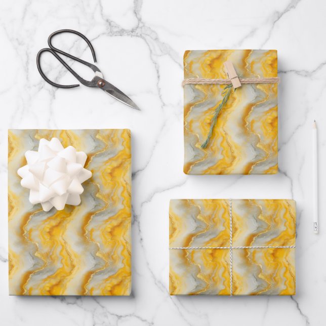 Yellow, Gray & Gold Marble Wrapping Paper Sheets (Front)