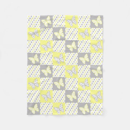 Yellow Gray Grey Butterfly Polka Dot Quilt Block Fleece Blanket