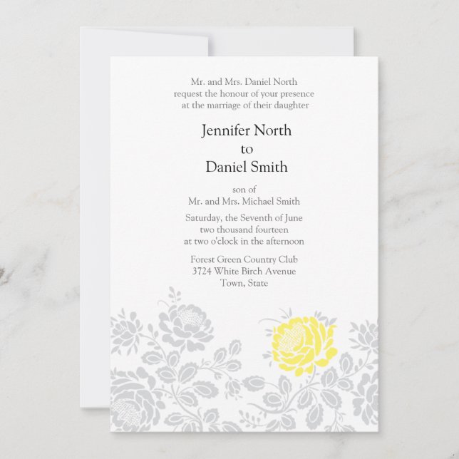 Yellow Gray Grey Floral Wedding Invitations (Front)