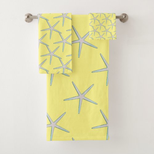 Yellow Gray Grey Teal Starfish Patterns Cute Bath Towel Set