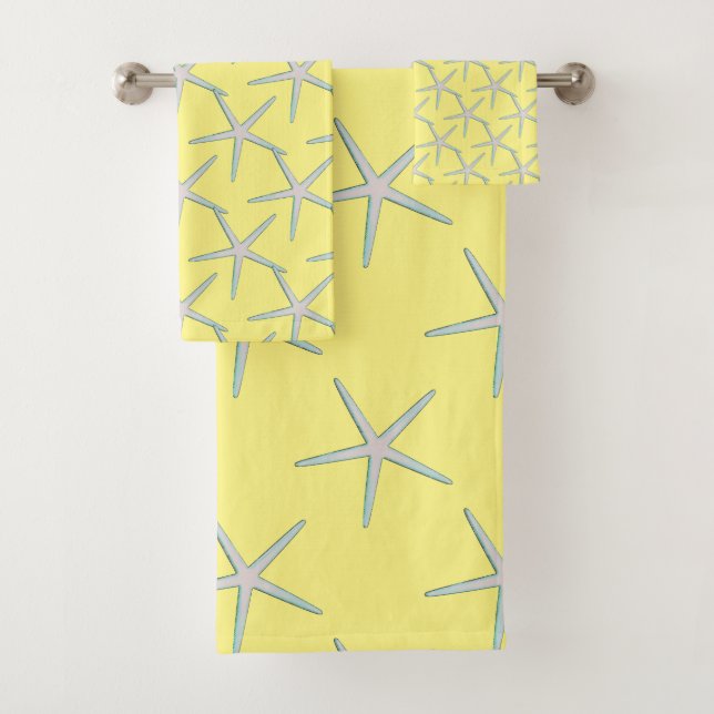 Yellow Gray Grey Teal Starfish Patterns Cute Bath Towel Set (Insitu)