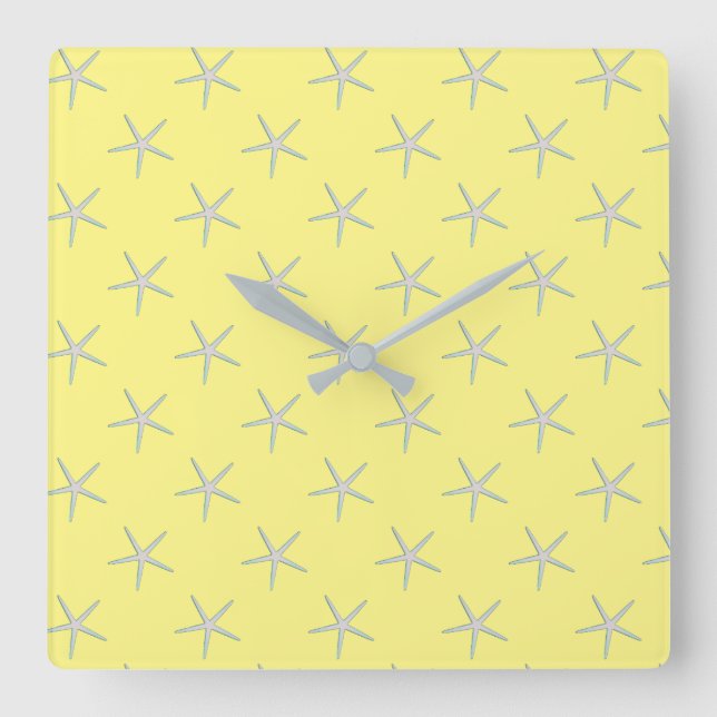 Yellow Gray Grey Teal Starfish Patterns Modern Square Wall Clock (Front)