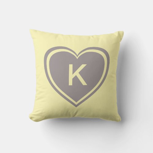 Yellow Gray Heart Monogram Valentines Day Throw Pillow