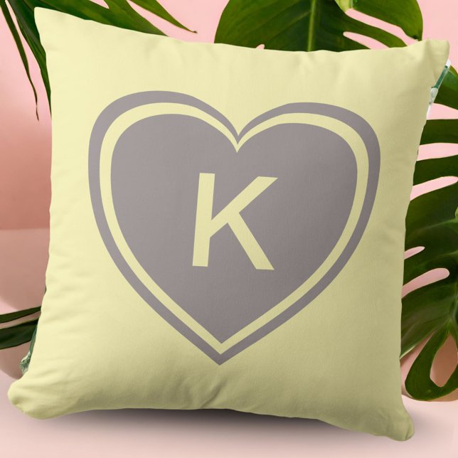 Yellow Gray Heart Monogram Valentine`s Day Throw Pillow (Creator Uploaded)