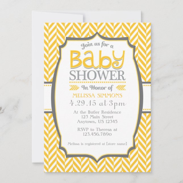 Yellow Gray Herringbone Baby Shower Invitations (Front)