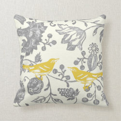 Yellow Gray Ivory Vintage Floral Bird Pattern Throw Pillow