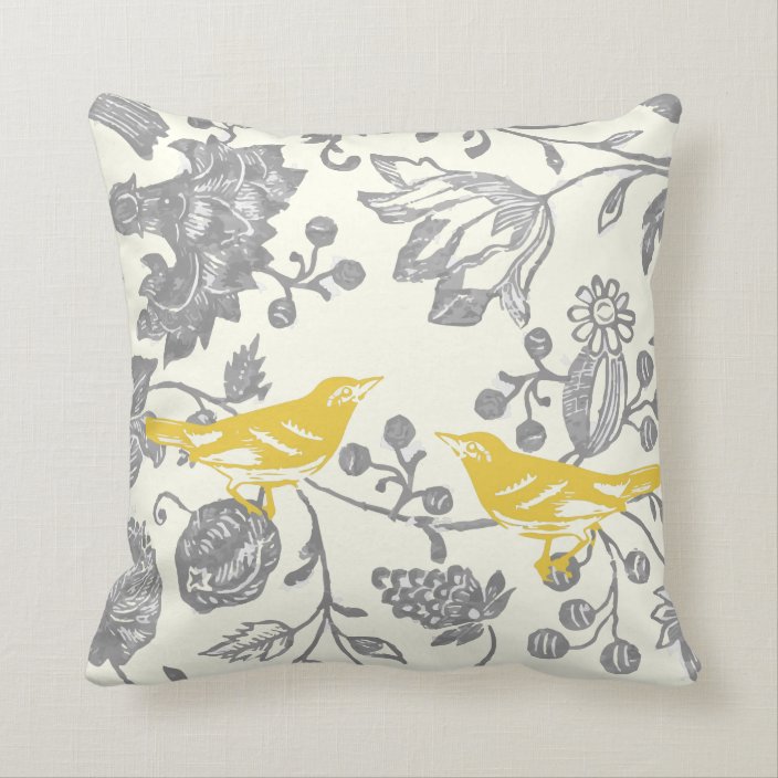 Yellow Gray Ivory Vintage Floral Bird Pattern Throw Pillow Zazzle Com