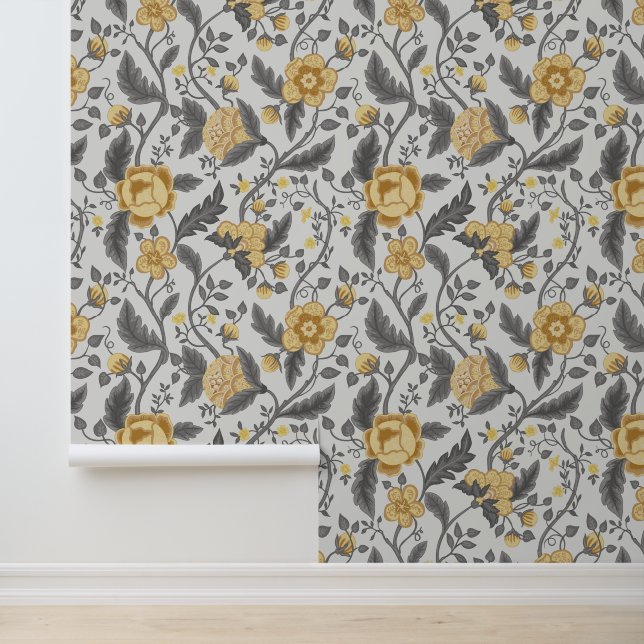 Yellow & Gray Jacobean  Floral Pattern Wallpaper (Application)