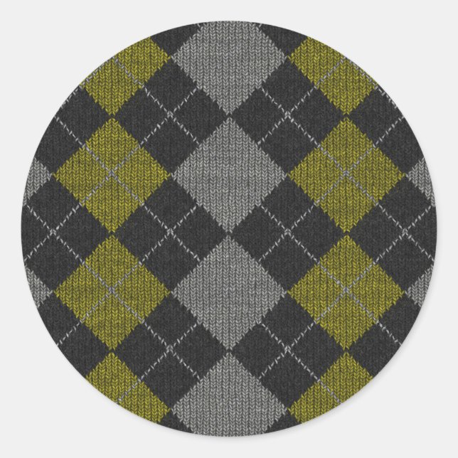 Yellow & Gray Knit Argyle Pattern Classic Round Sticker (Front)