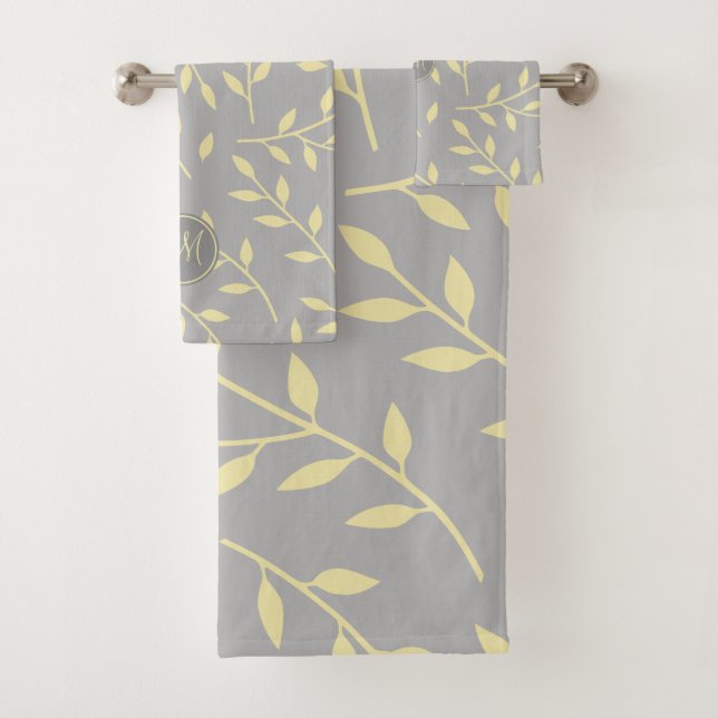 yellow gray leafy branches pattern monogrammed bath towel set (Insitu)