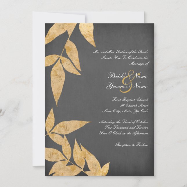 Yellow & Gray Leaves Vintage Wedding Invitations (Front)