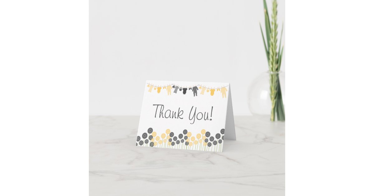 Yellow Gray Little Clothes Baby Shower Thank Thank You Card