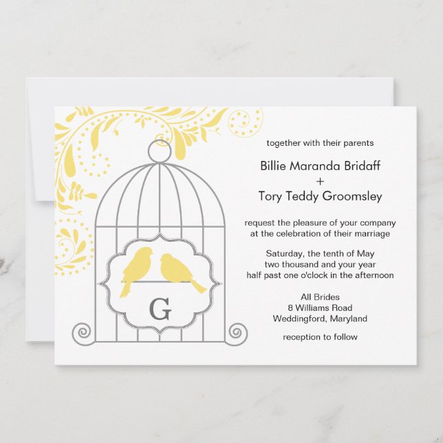 Yellow Gray Love Birdcage Wedding Monogram Invitation (Front)