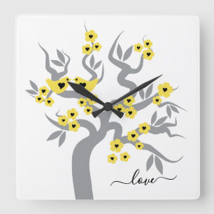 Yellow , gray Love birds cherry tree & blossoms Square Wall Clock