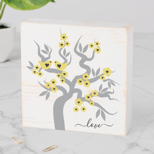 Yellow  gray Love birds cherry tree  blossoms Wooden Box Sign