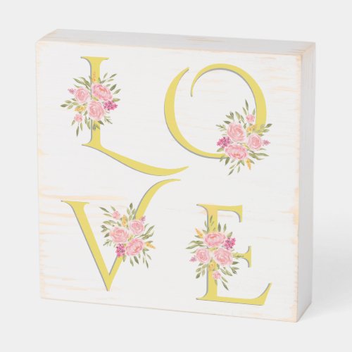 Yellow gray Love floral typography Valentines Day Wooden Box Sign