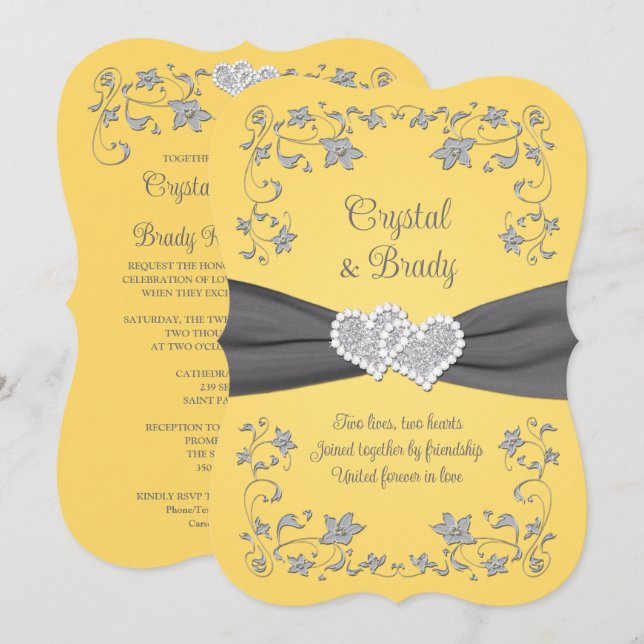 Yellow, Gray Love Hearts Wedding Invitation (Front/Back)