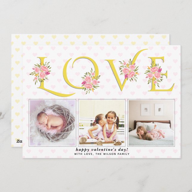 Yellow, gray LOVE typography photo Valentines Day Holiday Card (Front/Back)