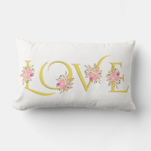 Yellow, gray Love typography roses Valentines Day Lumbar Pillow