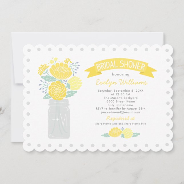 Yellow Gray Mason Jar Monogram Wedding Shower Invitation (Front)