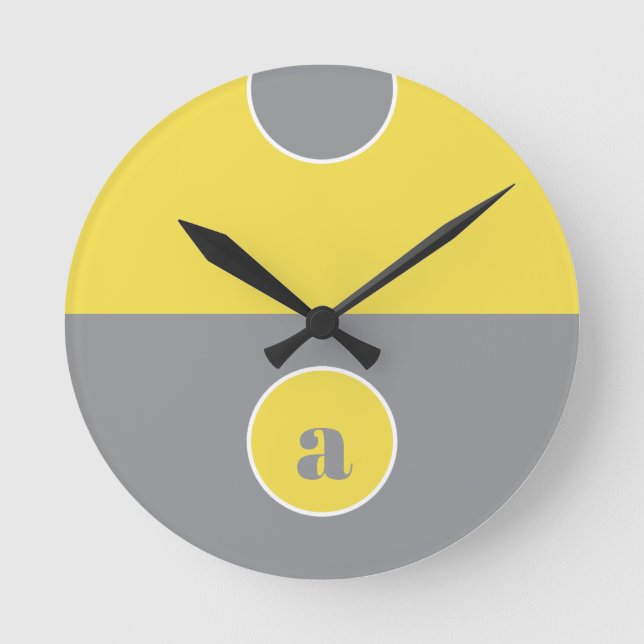 Yellow Gray Monogram Round Clock (Front)