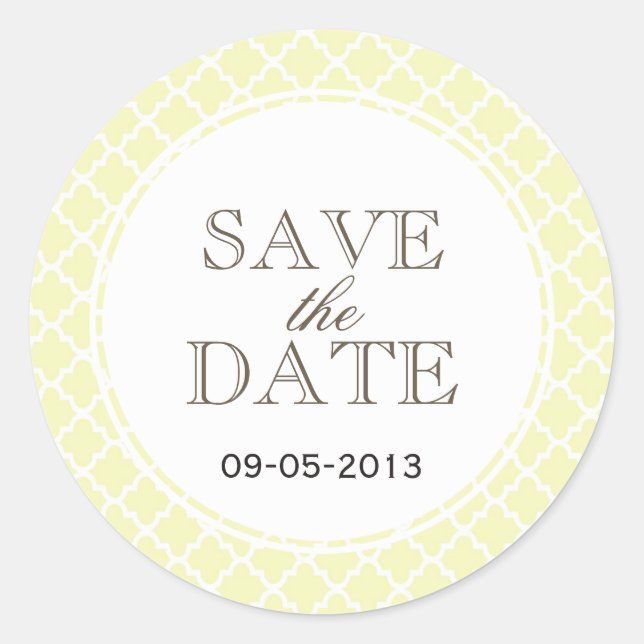 Yellow gray Moroccan tile SAVE THE DATE wedding Classic Round Sticker (Front)