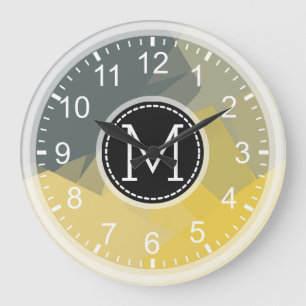 Yellow Gray Mosaic Modern Monogram Large Clock