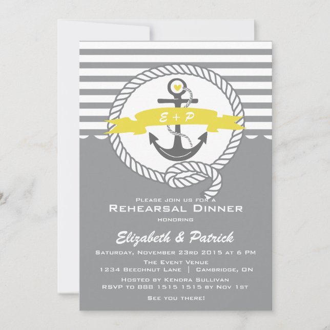 Yellow & Gray Nautical Rehearsal Dinner Invitation (Front)