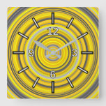 [ Thumbnail: Yellow & Gray Nested Circles Pattern Square Clock ]